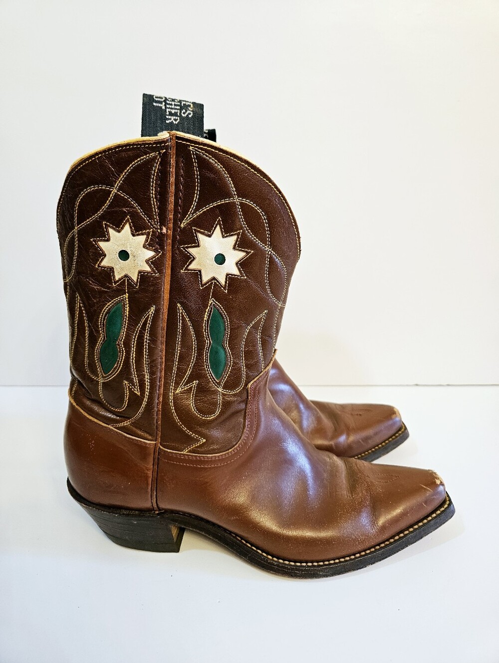 Vintage 1950's Frye Rancher Boots Size 9 Brown Leather Floral Inlay